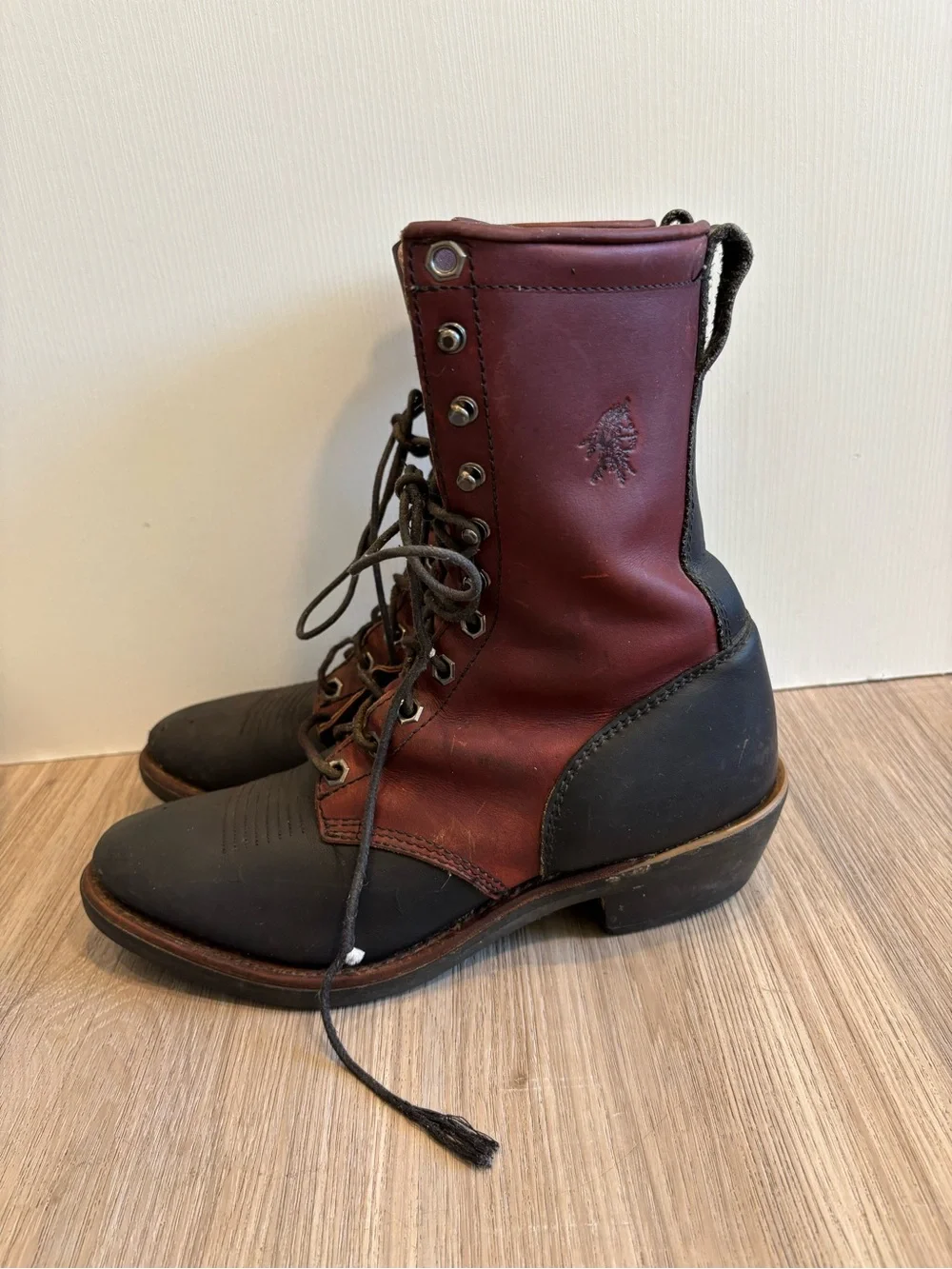 CHIPPEWA BOOT Packer Logger  Work Boots Tone Red Black Leather Men’s Size 8.5